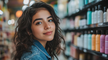 A young woman with curly hair smiles while exploring beauty products in a vibrant store aisle. Her expression radiates joy and confidence in her personal care choices.の素材