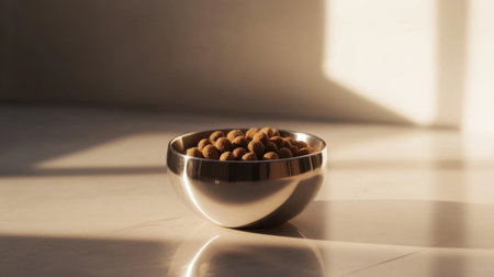 A stylish metallic bowl containing round dry snacks, beautifully lit by soft sunlight, creates a serene and inviting atmosphere perfect for modern interior spaces.の素材