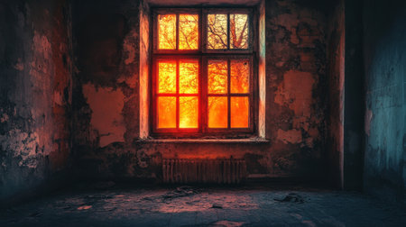 This haunting image captures an abandoned room featuring broken windows, revealing a fiery orange sunset through the decaying walls. An atmosphere of time and neglect prevails.の素材