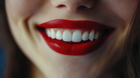 This close-up image captures a woman's radiant smile, showcasing her bright red lips and gleaming white teeth, conveying joy and confidence in a stylish presentation.の素材