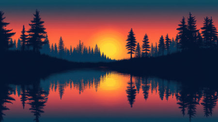 A stunning sunset casts vibrant colors over a calm lake, surrounded by silhouetted pine trees. The peaceful scene reflects nature's beauty and tranquility at dusk.の素材