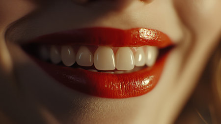 A stunning close-up capturing a woman's bright smile with red lips and white teeth, symbolizing beauty, joy, and confidence in a warm light setting. Perfect for beauty and wellness themes.の素材