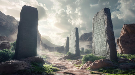 Explore the serene beauty of ancient monoliths set against a dramatic landscape filled with mountains and fog. This captivating scene evokes rich heritage and mystery.の素材