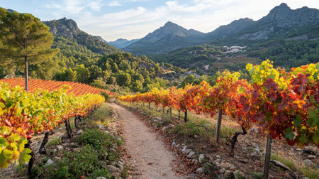 A stunning view of a vineyard pathway amidst vibrant autumn foliage with mountains in the distance, showcasing nature beauty in a peaceful rural setting.の素材