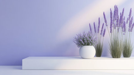 Soft purple backdrop enhances the beauty of lavender plants in a sleek white vase, creating a tranquil and stylish home atmosphere perfect for modern interiors.の素材