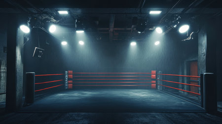 A captivating scene of an empty boxing ring illuminated by dramatic lights, showcasing the intensity and atmosphere of a sports gym, perfect for fitness and motivational themes.の素材