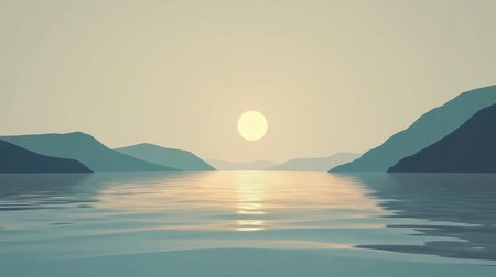 A minimalist landscape featuring a serene sunset over calm waters, framed by gentle mountains, creating a tranquil and peaceful atmosphere for relaxation and reflection.の素材