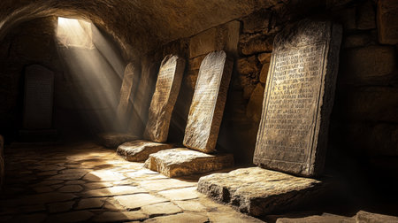 Sunlight gracefully illuminates ancient stone slabs in a tomb, revealing intricate hieroglyphs and inscriptions that evoke a sense of mystery and historical significance.の素材