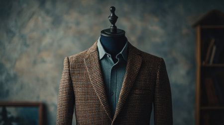 Showcase of an elegant brown checkered blazer paired with a blue shirt on a dress form, set in a vintage-styled room, exuding sophistication and tailored charm.の素材
