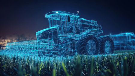 This image showcases a 3D wireframe model of a tractor set in a field, highlighting the blend of advanced technology and agriculture for a futuristic farming approach.の素材