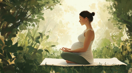 A peaceful scene featuring a pregnant woman meditating amidst lush greenery, embodying tranquility and connection with nature, surrounded by soft sunlight and serene atmosphere.の素材