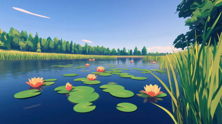 A stunning view of a serene pond filled with bright water lilies, surrounded by lush greenery and a clear blue sky, creating a perfect nature escape.の素材