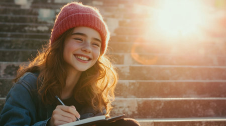 A young girl joyfully writes in her notebook on sunlit steps, radiating happiness and creativity amidst the warm glow of a natural setting. Perfect for showcasing inspiration.の素材