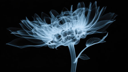 Beautiful x-ray render of a flower portraying its soft petals and intricate stem, showcasing the delicate beauty of nature against a solid black backdrop.の素材
