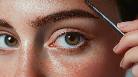 This image captures a young woman focusing on her eyebrow grooming with a brush, highlighting her striking eyes and healthy skin, embodying beauty and self-care routines.の素材