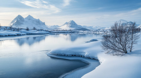 A serene winter scene featuring snow-capped mountains, a frozen river, and a calm landscape under clear blue skies, capturing the tranquil essence of nature in cold weather.の素材