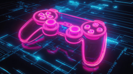 A glowing neon game controller is showcased against a tech-inspired background, highlighting innovation and creativity in digital gaming concepts. Perfect for gaming-themed projects.の素材
