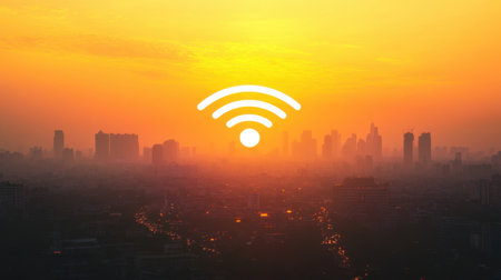 A stunning sunset casts a warm orange glow over an urban skyline, featuring a prominent wireless signal icon, symbolizing the importance of digital connectivity in modern life.の素材