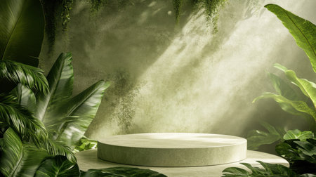 A tranquil indoor setup featuring a round display podium surrounded by vibrant green foliage and soft ambient lighting, ideal for product showcases and artistic photography.の素材