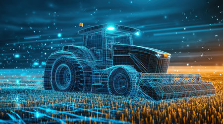 This captivating image features a digital representation of a tractor, highlighting innovative technology and modern approaches to sustainable farming practices in agriculture.の素材