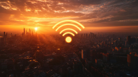 Stunning view of a city skyline during sunset, enhanced by a wireless signal icon, symbolizing modern connectivity and vibrant urban life in a beautiful atmospheric setting.の素材