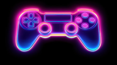 A vibrant neon gaming controller illuminates against a dark backdrop, showcasing a modern design ideal for themes of technology, gaming, and entertainment.の素材