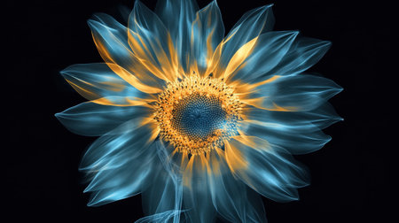 A captivating illustration of a sunflower featuring striking blue and orange effects against a black background, perfect for artistic and creative purposes or nature-themed projects.の素材