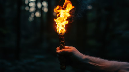 A hand grips a burning torch, casting a flickering light in a dark forest. The image evokes feelings of adventure, exploration, and the allure of the unknown.の素材