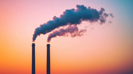 This image showcases a stunning sunset backdrop featuring two industrial smoke stacks releasing vapors, emphasizing the contrast between nature and urban industry.の素材