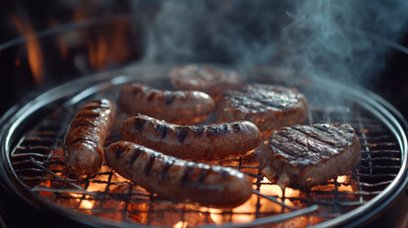 A vibrant scene of sausages and meats sizzling on a barbecue grill, surrounded by rising smoke. Perfect for evoking summer cookouts and gatherings with loved ones.の素材
