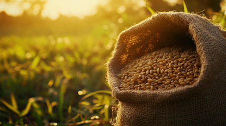 A burlap sack filled with golden wheat grains rests in a sunlit field, embodying the essence of harvest season and the beauty of agricultural life in nature.の素材