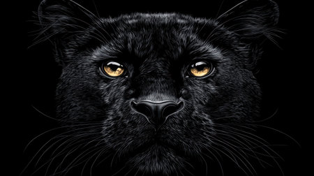 Stunning close-up illustration of a black panther's face, showcasing its intense gaze and golden eyes against a dark background, emphasizing wildlife beauty and mystery.の素材