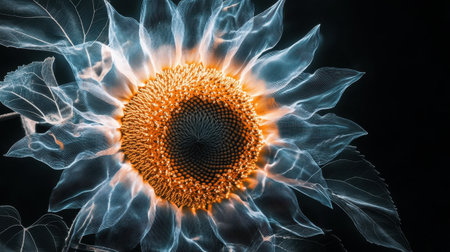 A stunning sunflower radiates a soft glow against a dark backdrop, showcasing intricate leaf details and creating a dreamlike atmosphere in this artistic representation of nature.の素材