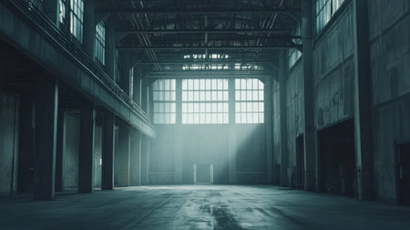 This industrial warehouse interior features expansive empty space with sunlight filtering through large windows, creating a moody and tranquil atmosphere ideal for artistic projects.の素材