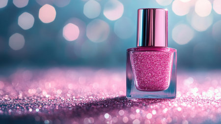 A striking pink nail polish bottle sits elegantly on a shimmering surface, with a dreamy bokeh background, perfect for beauty and cosmetics themes.の素材