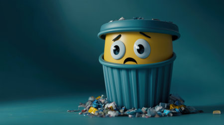 A playful and expressive cartoon character, looking sad, emerges from a trash bin, surrounded by litter, symbolizing environmental awareness and recycling challenges creatively.の素材