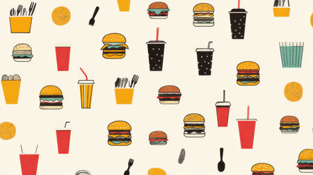 This vibrant illustration showcases a variety of fast food items including burgers, drinks, and fries, perfect for culinary projects or modern design elements.の素材