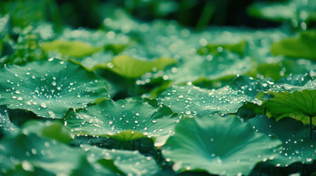 Discover the beauty of fresh green lotus leaves adorned with sparkling water droplets in a peaceful natural setting, creating a serene and refreshing atmosphere.の素材