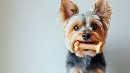 A charming Yorkshire Terrier poses with a chew bone in its mouth, showcasing its playful spirit and affectionate nature, ideal for any pet-related content.の素材