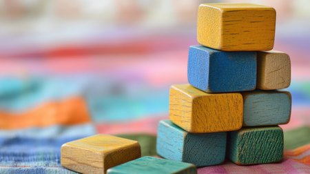 A vibrant collection of wooden blocks stacked in an artistic formation, showcasing colors that inspire creativity and play for children and educational environments.の素材