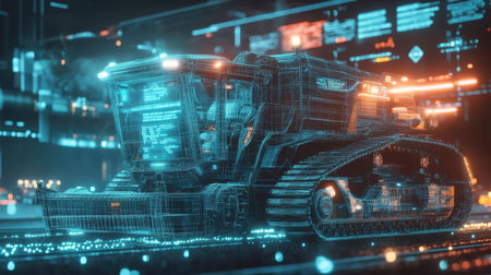 A stunning digital illustration of a futuristic excavator surrounded by glowing data visualizations, representing the intersection of technology and construction in a vibrant environment.の素材
