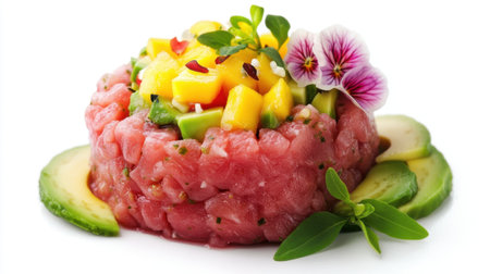 This enticing Ahi tuna tartare features fresh mango and creamy avocado, beautifully garnished with an edible flower, perfect for a healthy and vibrant meal.の素材