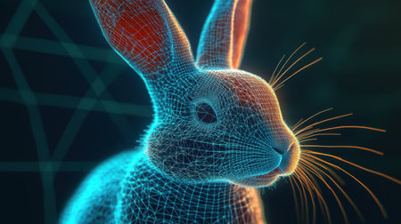 A captivating 3D wireframe illustration of a rabbit featuring a vibrant neon glow. This unique digital art piece blends technology with creativity, perfect for modern design projects.の素材