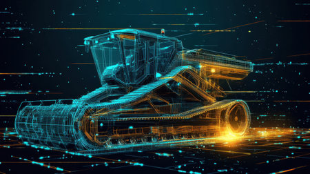 This image showcases a futuristic bulldozer rendered in a digital wireframe style, symbolizing the synergy of technology and construction in modern engineering environments.の素材