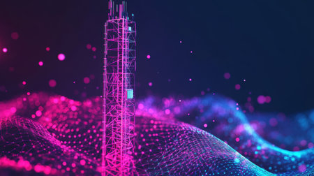 A stunning representation of a telecommunications tower surrounded by glowing waves, illustrating the future of digital connectivity, data transmission, and advanced technology.の素材