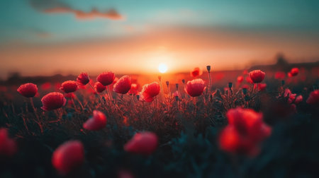 A stunning sunset scene showcasing a field of vibrant red poppies under a colorful sky, reflecting the serene beauty and peacefulness of nature at dusk.の素材