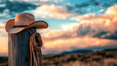 A rustic cowboy hat rests on a wooden post, beautifully framed by dramatic clouds and a radiant sunset, embodying the timeless spirit of the Old West and outdoor adventure.の素材