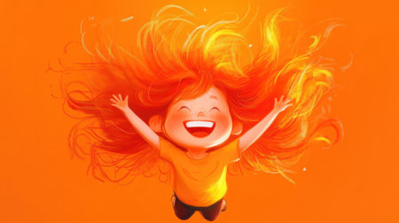 A delightful illustration of a cheerful child with bright red hair, jumping joyfully against a lively orange background, capturing pure happiness and imaginative play.の素材