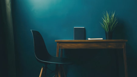 A tranquil workspace featuring a wooden desk and chair, complemented by a small plant and a book, set against a calming blue wall for enhanced creativity.の素材