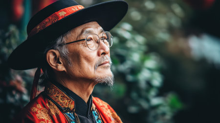 An elderly Asian man wearing traditional attire gazes thoughtfully into the distance, capturing a moment of wisdom and cultural heritage in a serene outdoor setting.の素材